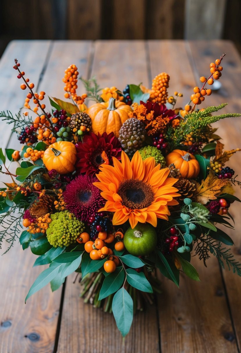 A rustic wooden table adorned with vibrant autumn flowers, berries, and foliage arranged in a stunning harvest-themed bouquet