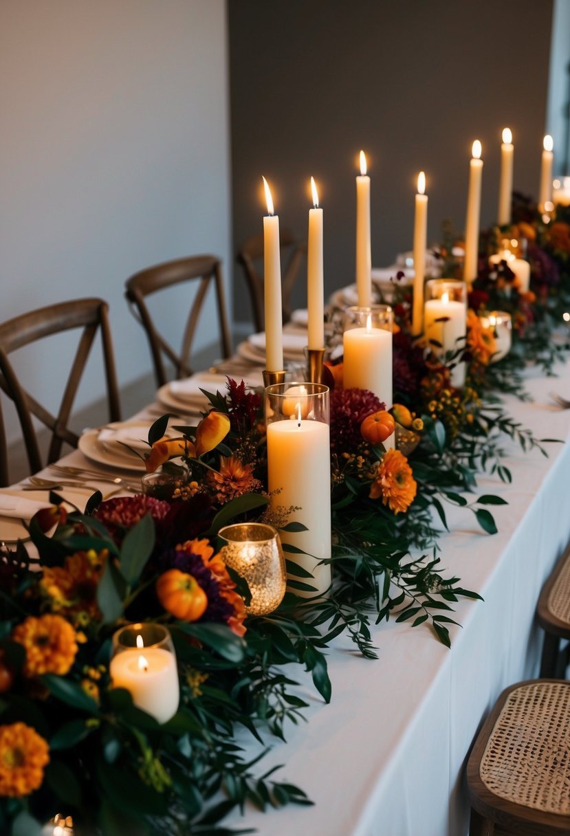 A table adorned with candlelit floral arrangements, featuring unique fall wedding bouquet ideas