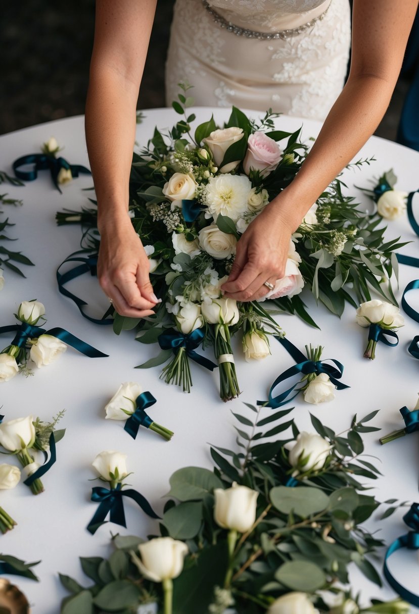 A table scattered with eustoma flowers, ribbons, and greenery. A pair of hands carefully arranging boutonnieres and a wedding bouquet