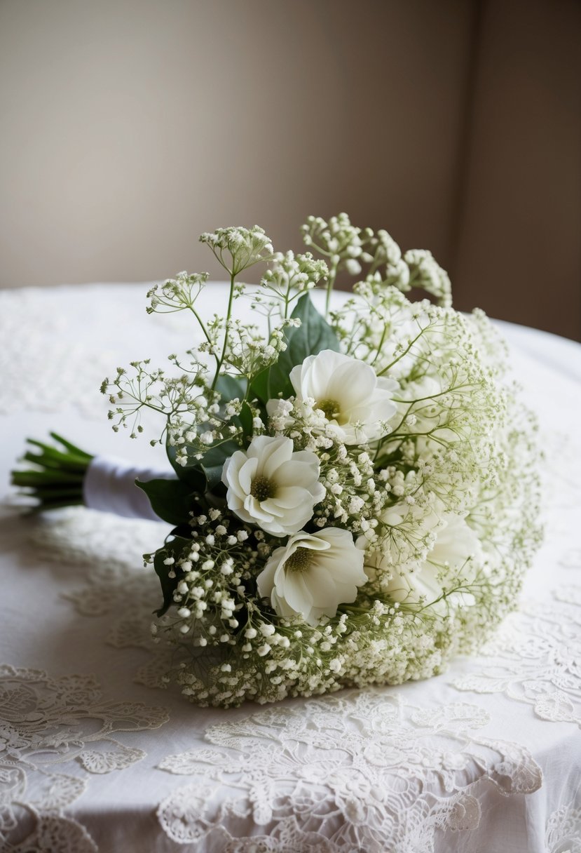 A delicate eustoma and baby's breath wedding bouquet rests on a lace tablecloth