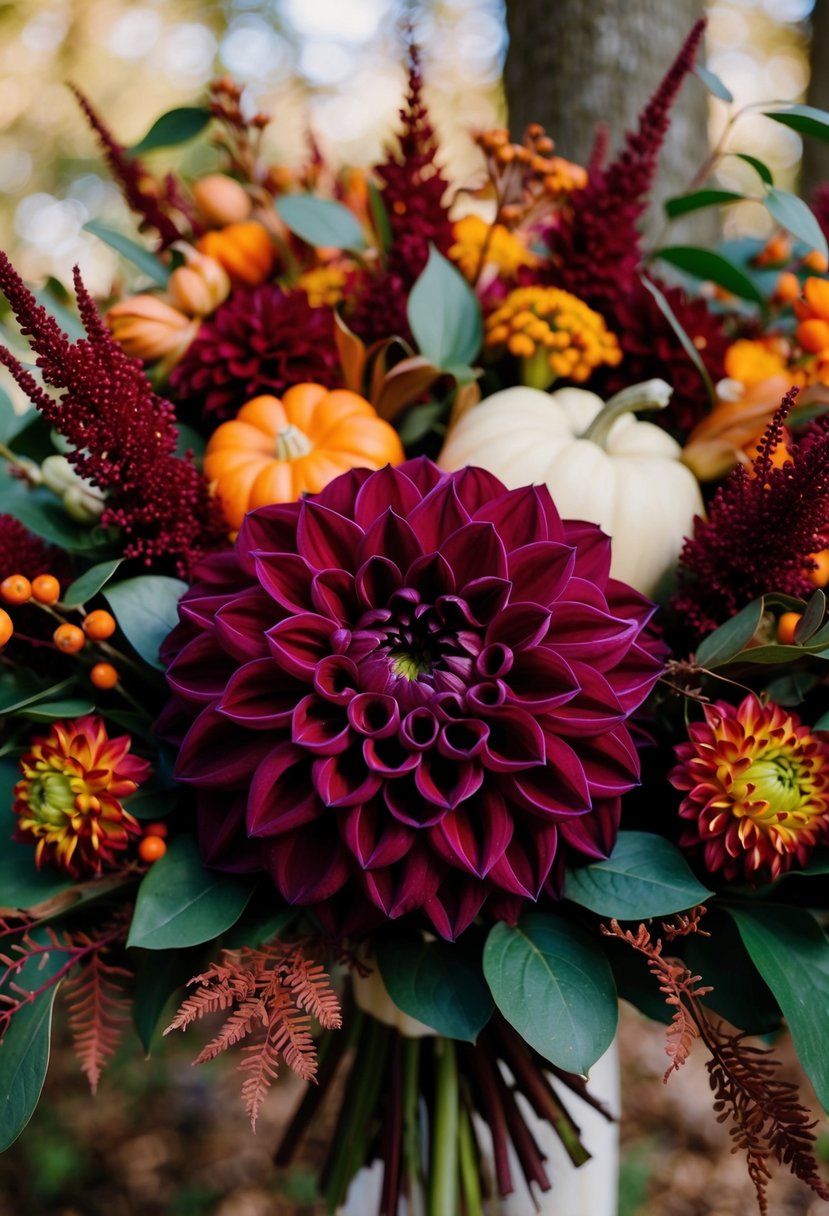 A deep burgundy dahlia accents a rich fall wedding bouquet, surrounded by earthy foliage and pops of vibrant autumn colors