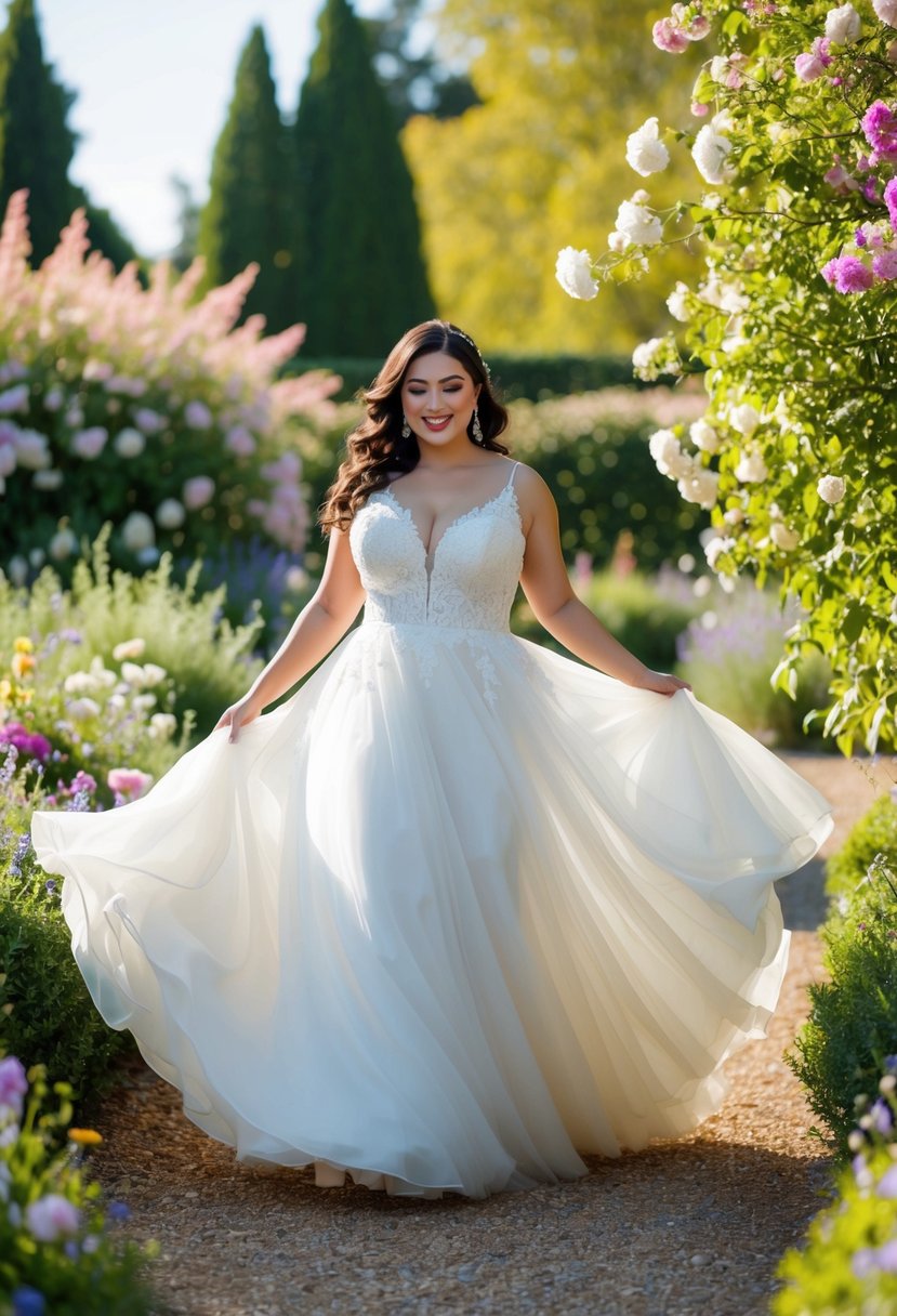 A curvy bride twirls in a flowing wedding gown, surrounded by a garden of blooming flowers