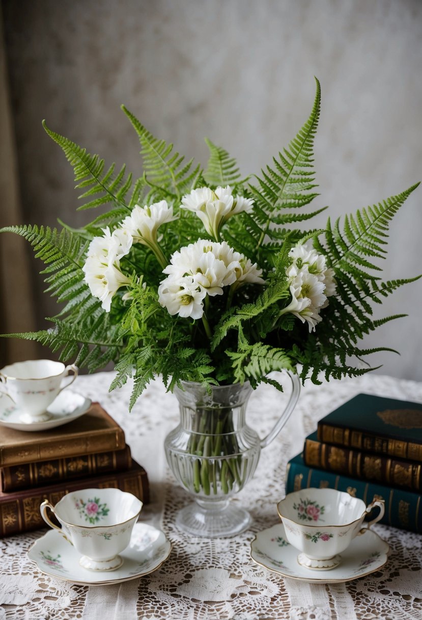 A vintage eustoma and fern bouquet sits on a lace tablecloth, surrounded by antique books and delicate teacups