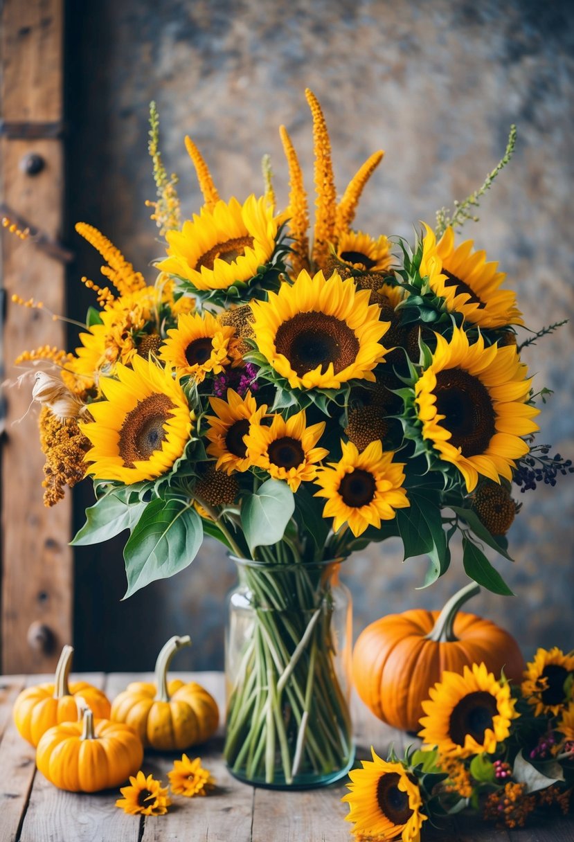 A vibrant bouquet of sunflowers and wildflowers arranged in a rustic, autumn-inspired setting