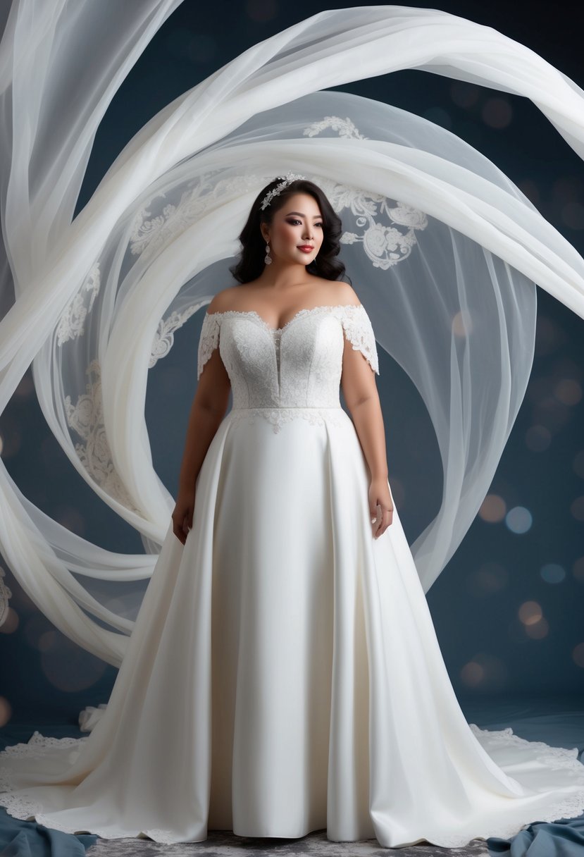 A curvy bride stands in an off-shoulder A-line gown, surrounded by swirling fabric and delicate lace details