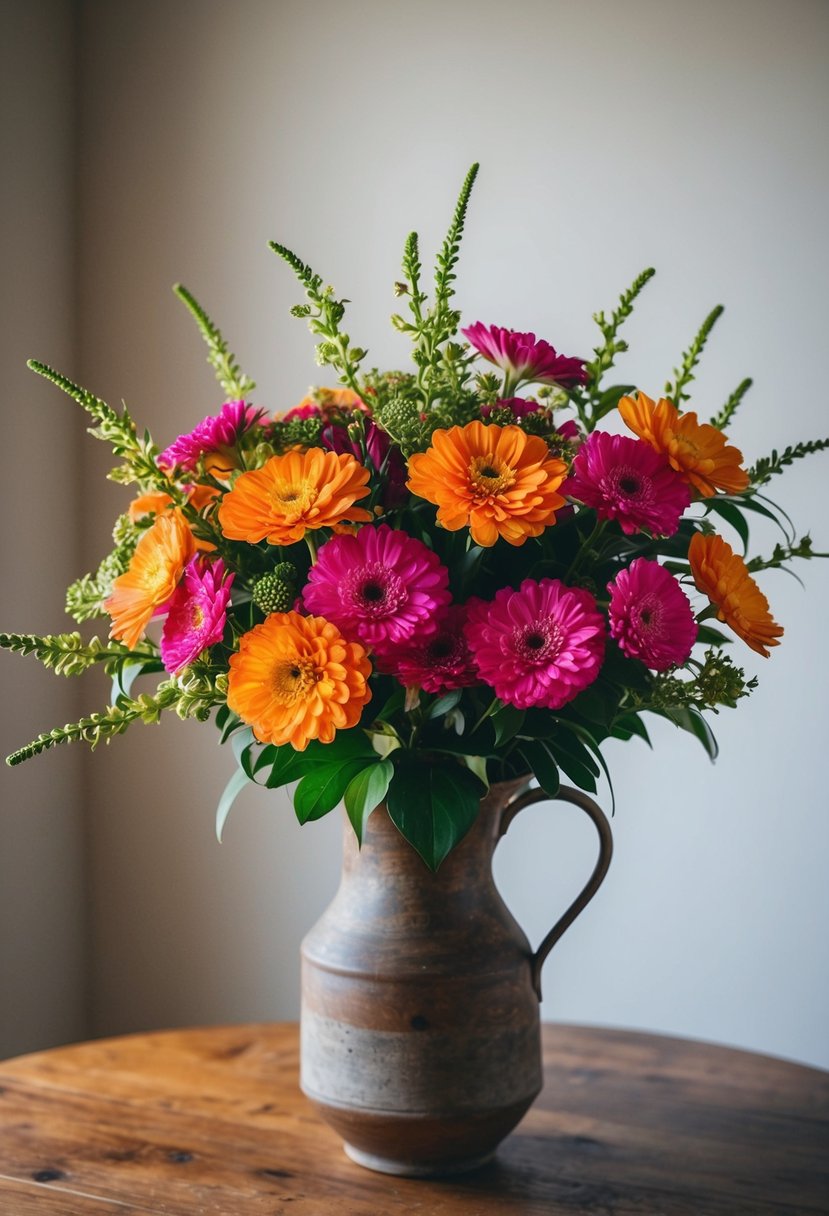 A vibrant bouquet of bohemian-style Eustoma flowers arranged in a rustic vase on a wooden table