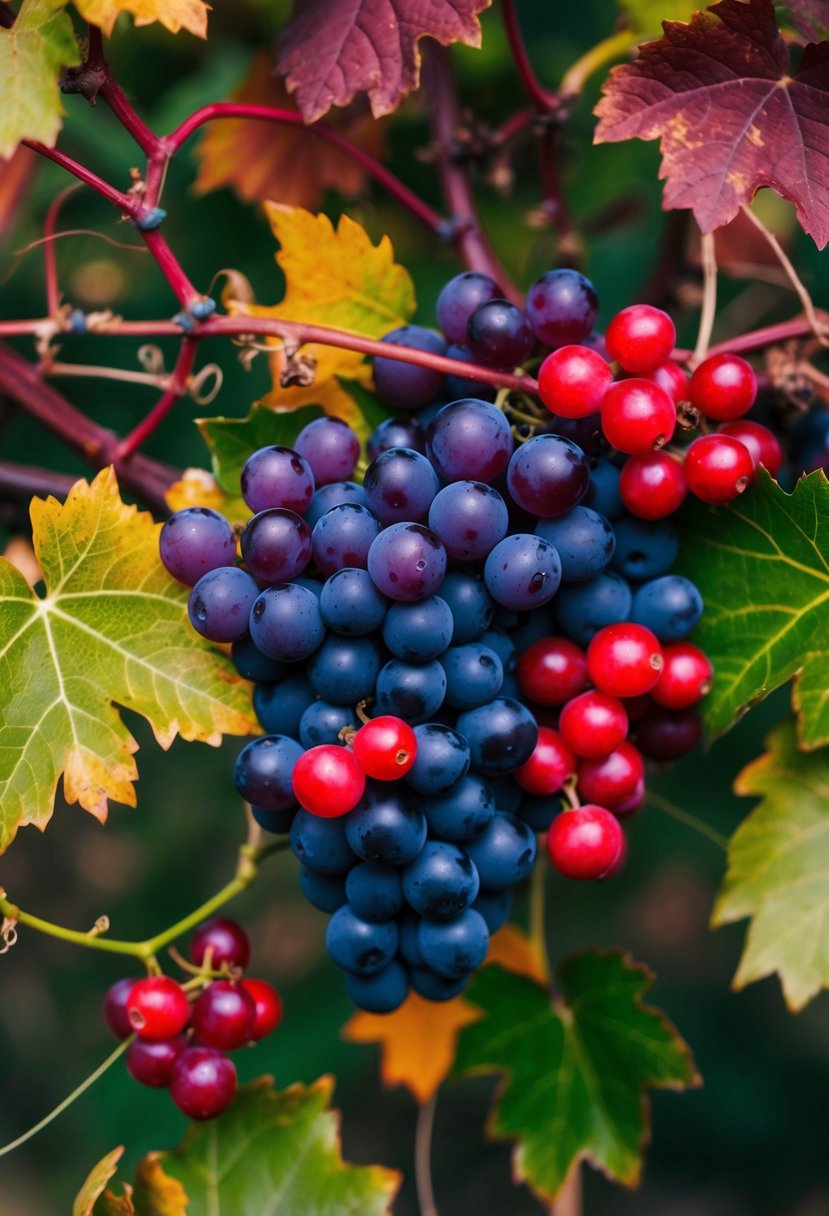 A bouquet of deep purple grapes and bright red berries intertwined with autumn leaves and delicate vines