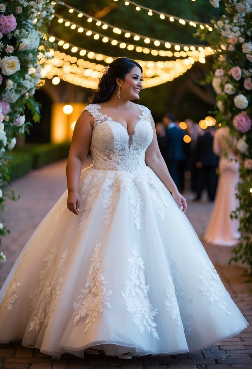 A curvy bride twirls in a lace appliqué ball gown, surrounded by blooming flowers and twinkling lights