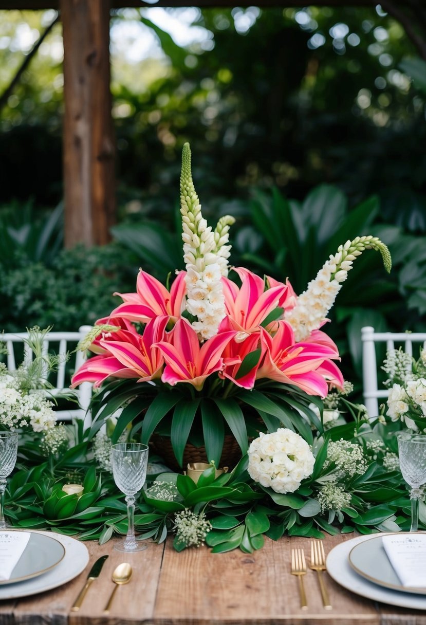 A vibrant eustoma centerpiece sits on a rustic wooden table, surrounded by lush greenery and delicate white flowers