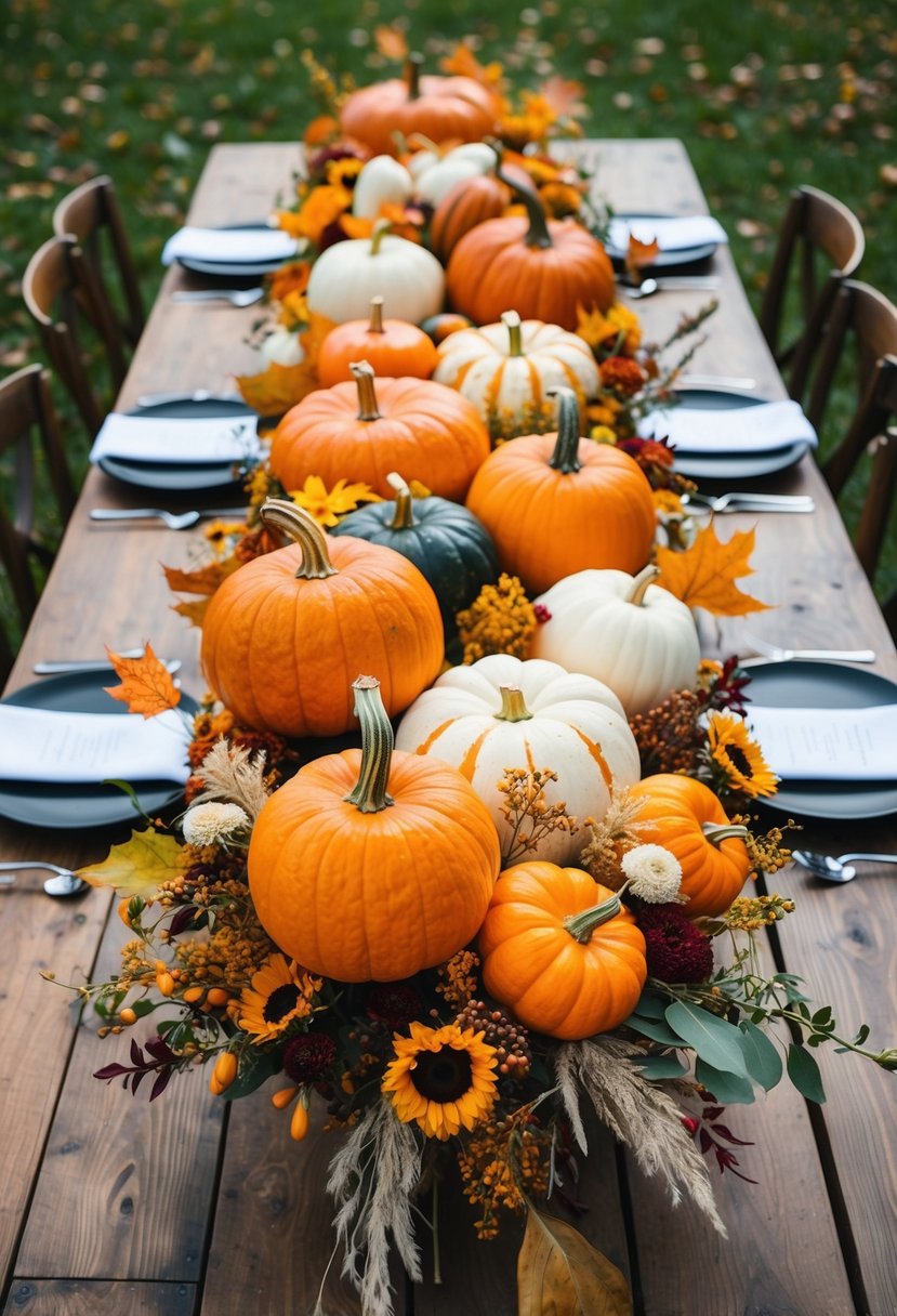 A rustic wooden table adorned with a bountiful arrangement of heirloom pumpkins, autumn leaves, and wildflowers, creating a unique fall wedding bouquet