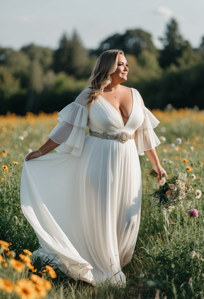 A curvy bride in a flowing, bohemian chic wedding dress with billowing sleeves, standing in a field of wildflowers