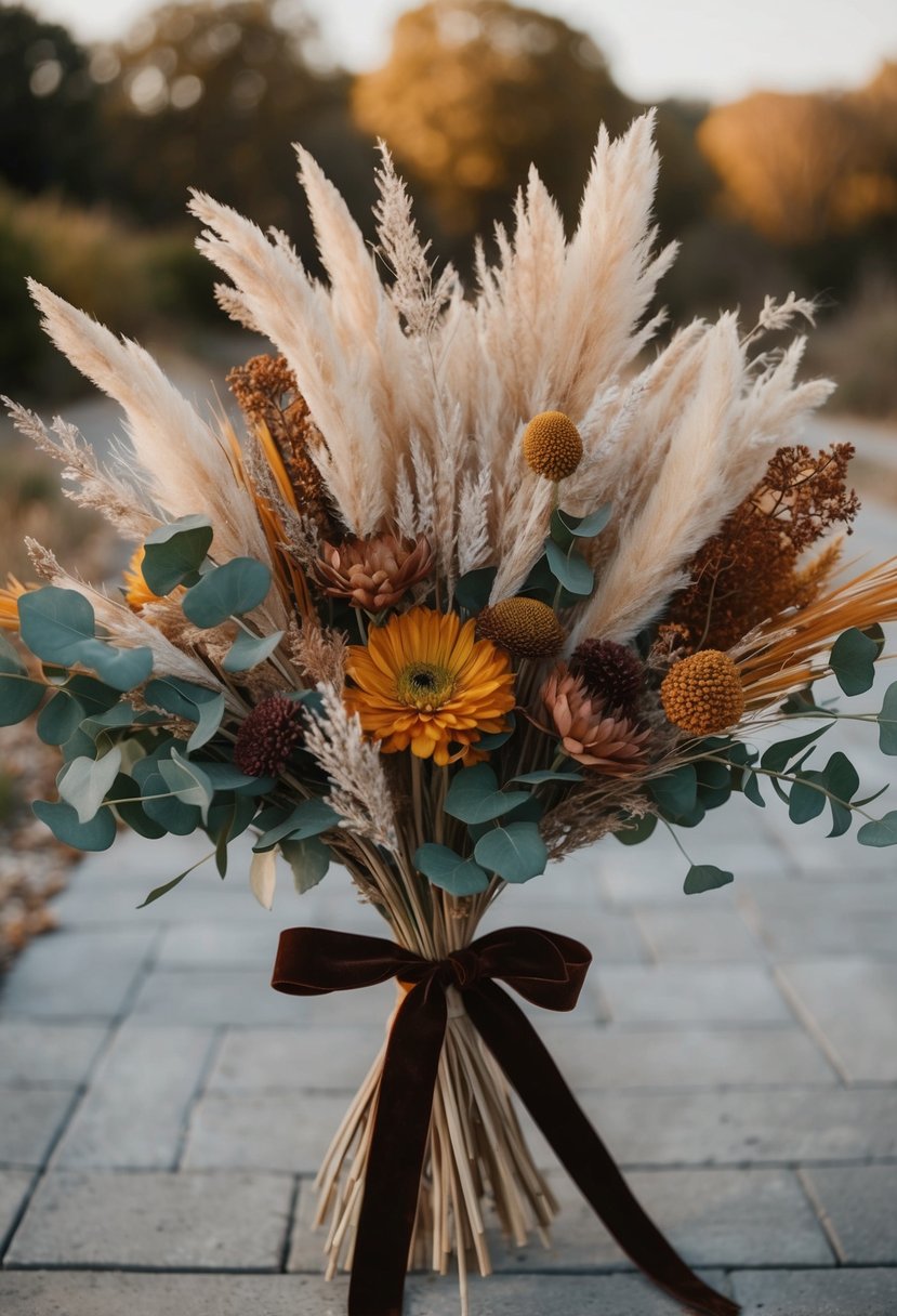 A bouquet of pampas grass, eucalyptus, and dried flowers in warm autumn colors, tied with a velvet ribbon