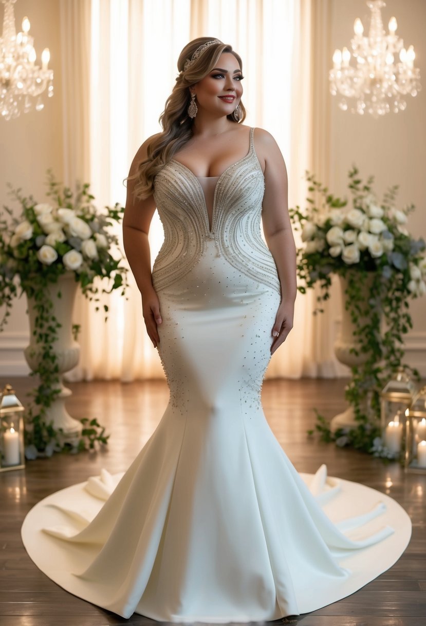 A curvy bride stands in a fitted mermaid dress with intricate beading, surrounded by soft lighting and elegant decor