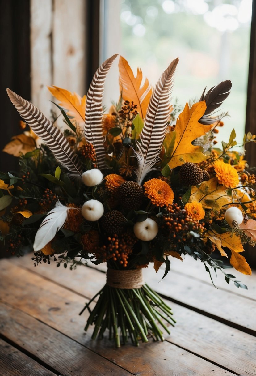 A bouquet of fall foliage, intertwined with feathers for texture, sits on a rustic wooden table