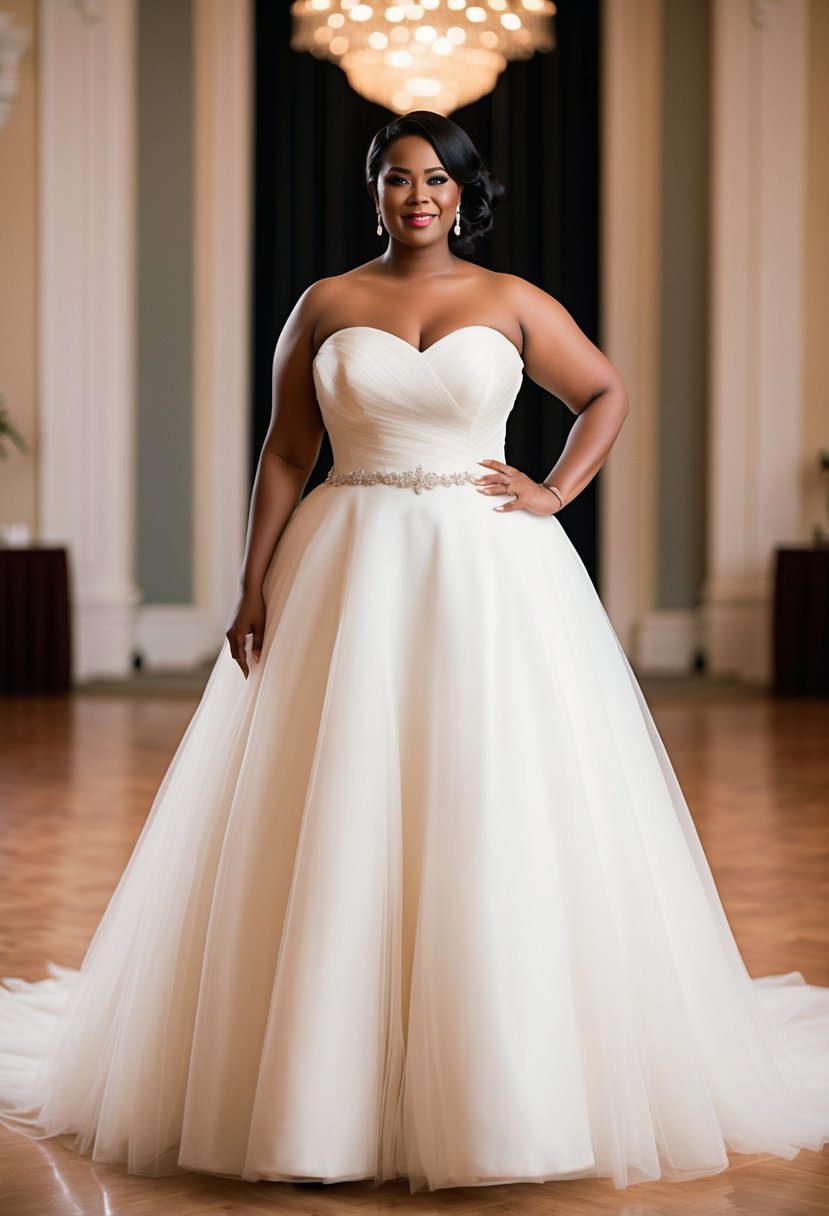 A curvy bride stands in a grand ballroom, wearing a stunning strapless tulle gown with a classic silhouette. She radiates elegance and confidence as she poses for her wedding day