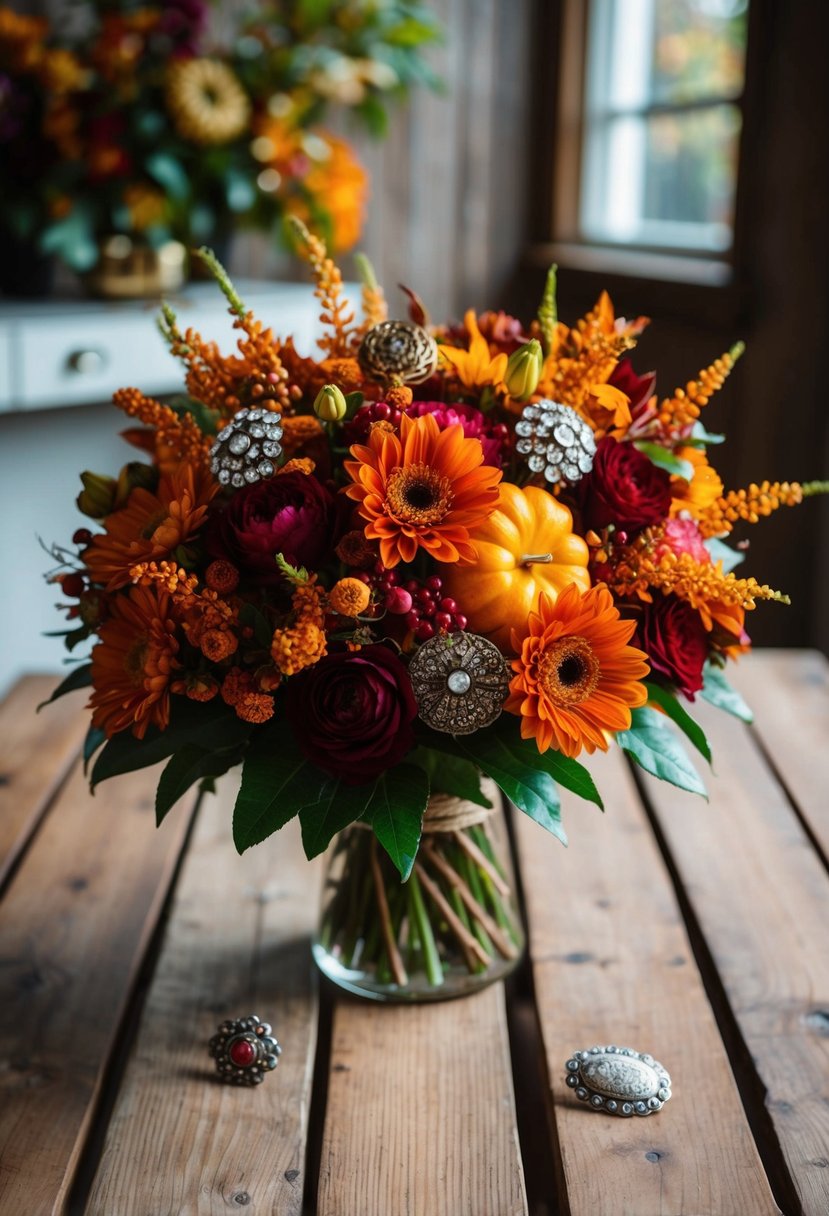 A rustic wooden table adorned with an autumn-themed bouquet of richly colored flowers and vintage brooches