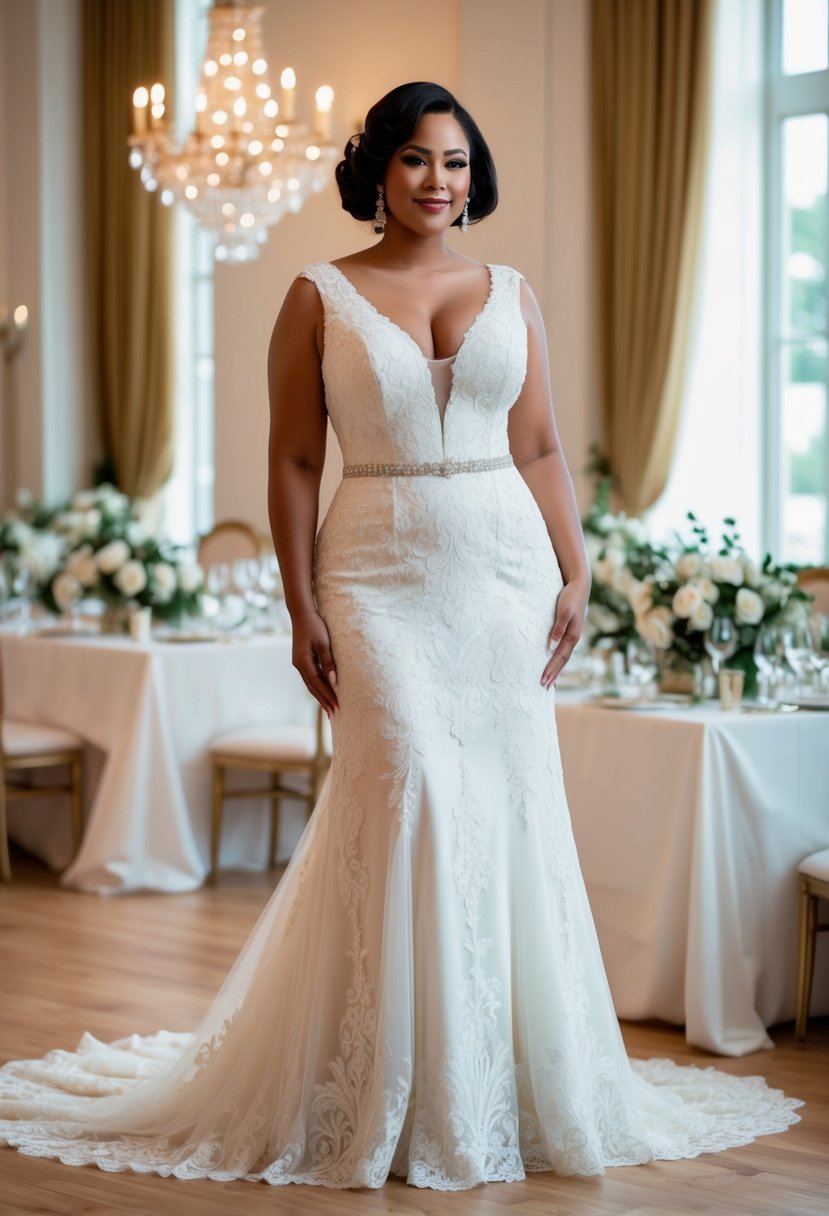 A curvy bride stands in a V-neckline dress, surrounded by elegant wedding decor, exuding sophistication and confidence