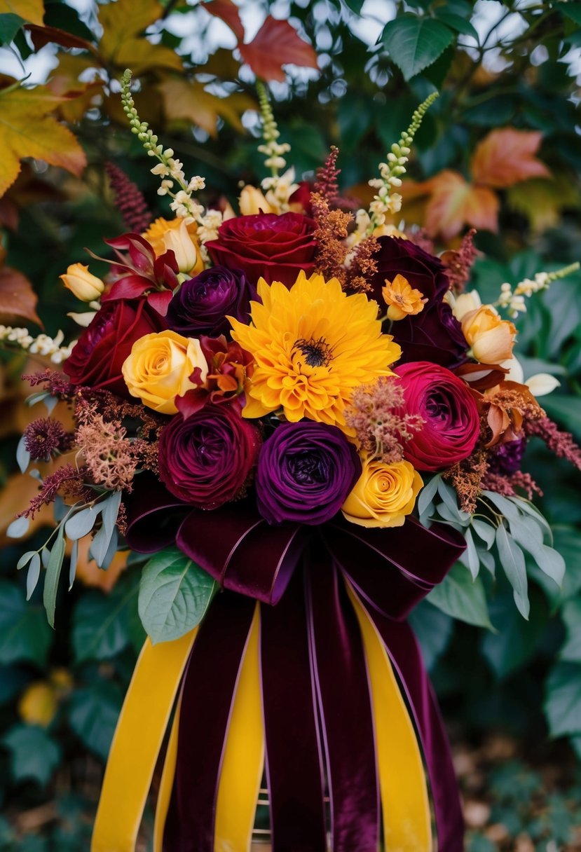 A lush bouquet of deep red, golden yellow, and rich purple velvet ribbons intertwined with autumn foliage and delicate blooms