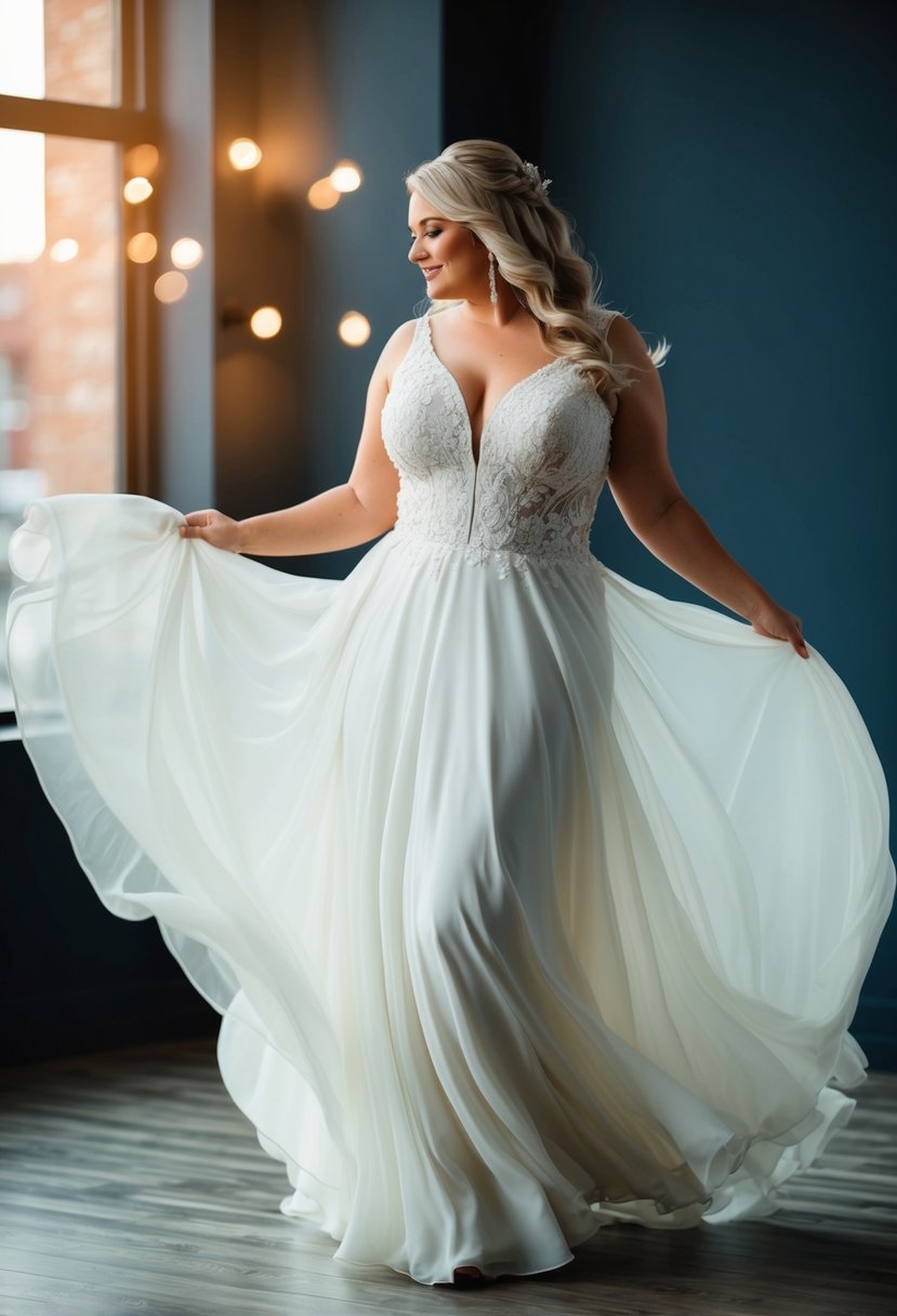 A curvy bride twirls in a flowing chiffon skirt dress, capturing the essence of free movement and grace