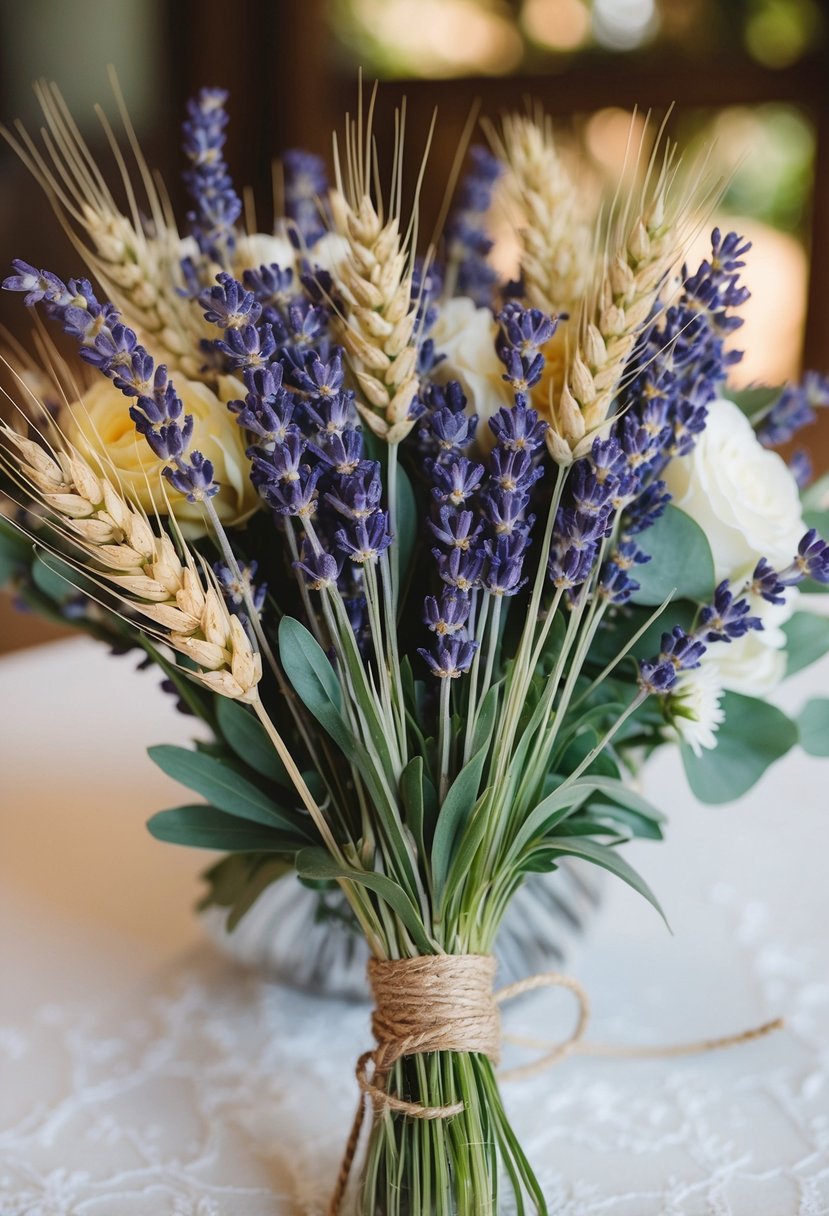 A rustic wedding bouquet featuring lavender and wheat sprigs, tied with twine