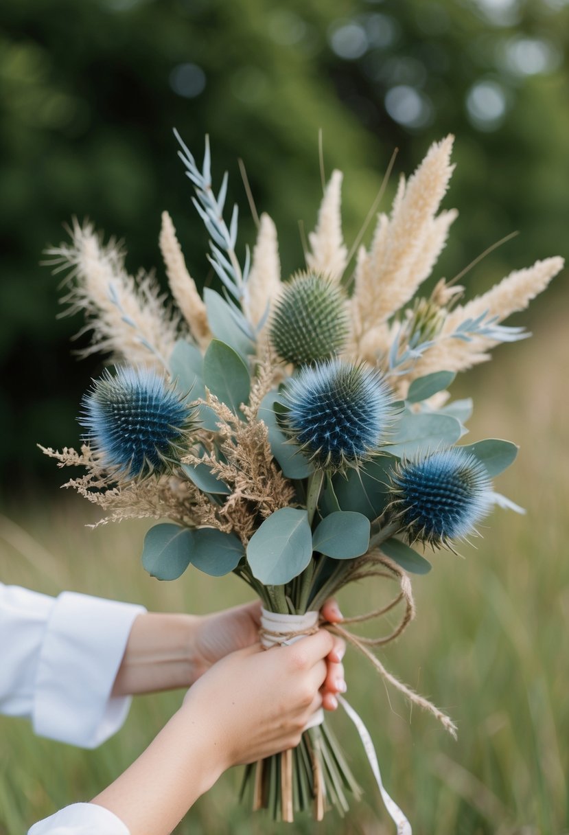 A hand-tied bouquet of blue thistles, eucalyptus, and dried grasses, accented with rustic twine and ribbon