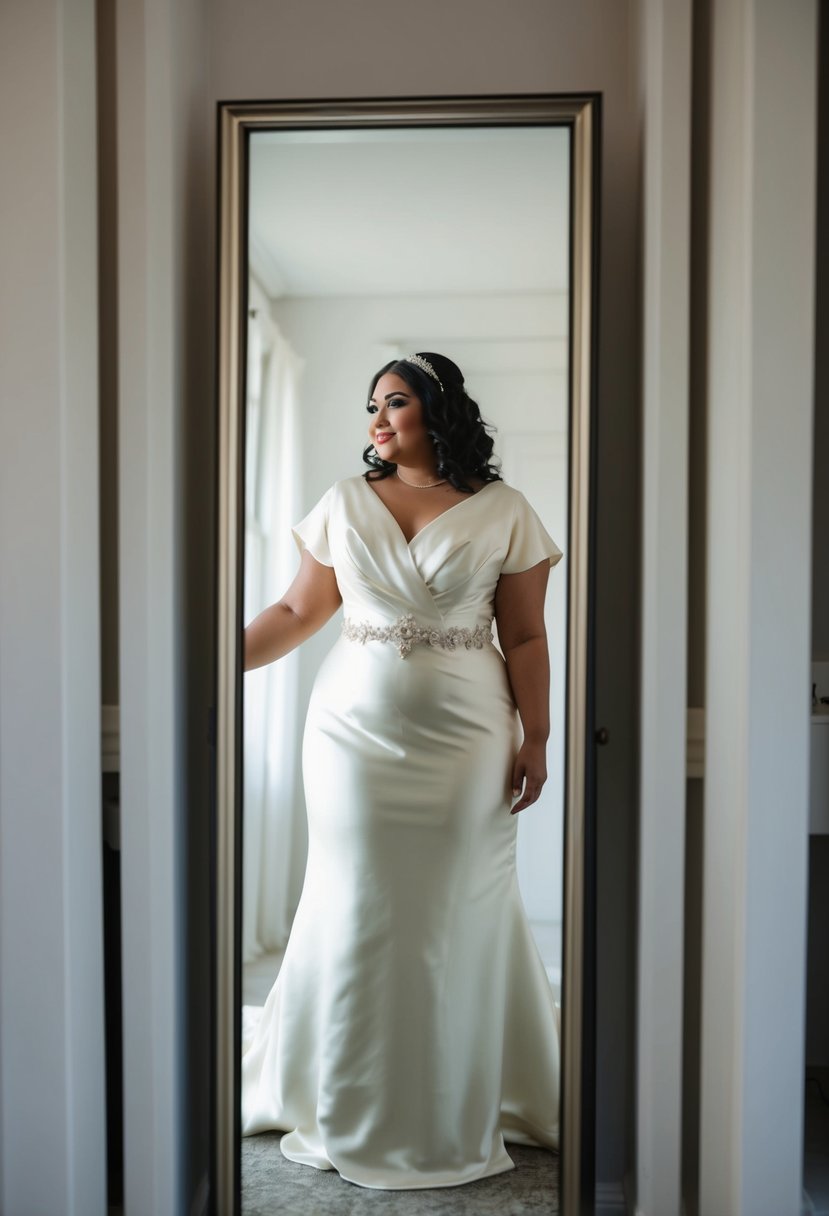 A curvy bride in a silk fabric wedding dress with short sleeves, standing in front of a full-length mirror, admiring her reflection