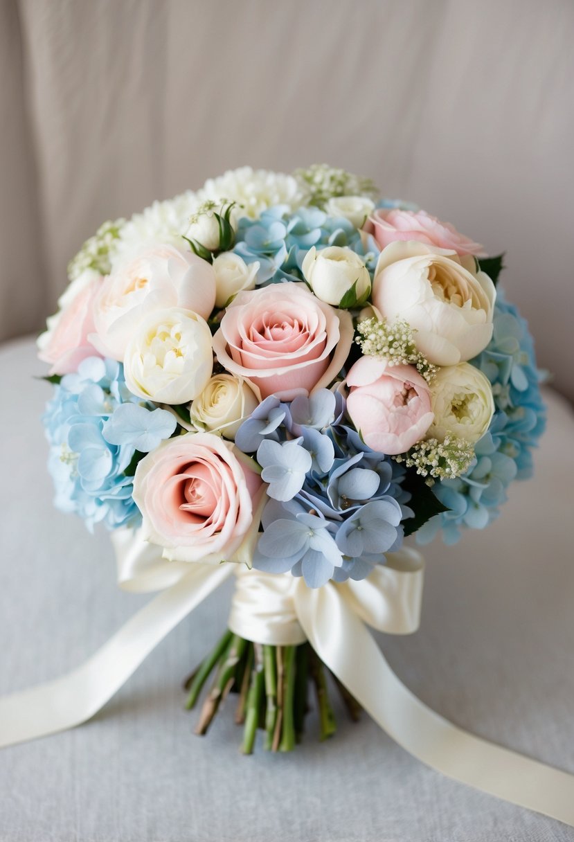 A delicate pastel wedding bouquet featuring soft pink roses, pale blue hydrangeas, and creamy white peonies, tied with a satin ribbon