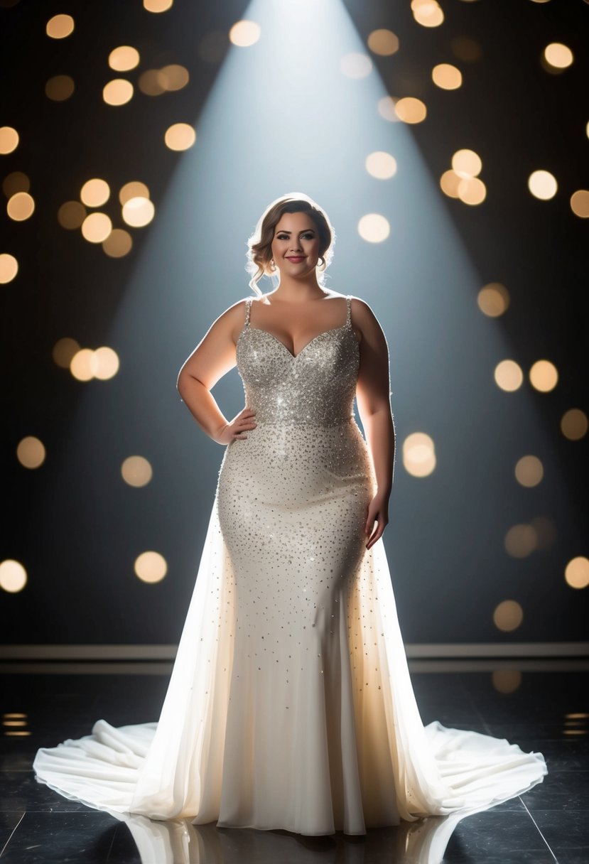 A curvy bride stands in a spotlight, wearing a flowing gown adorned with sparkling sequin details, casting a radiant glow