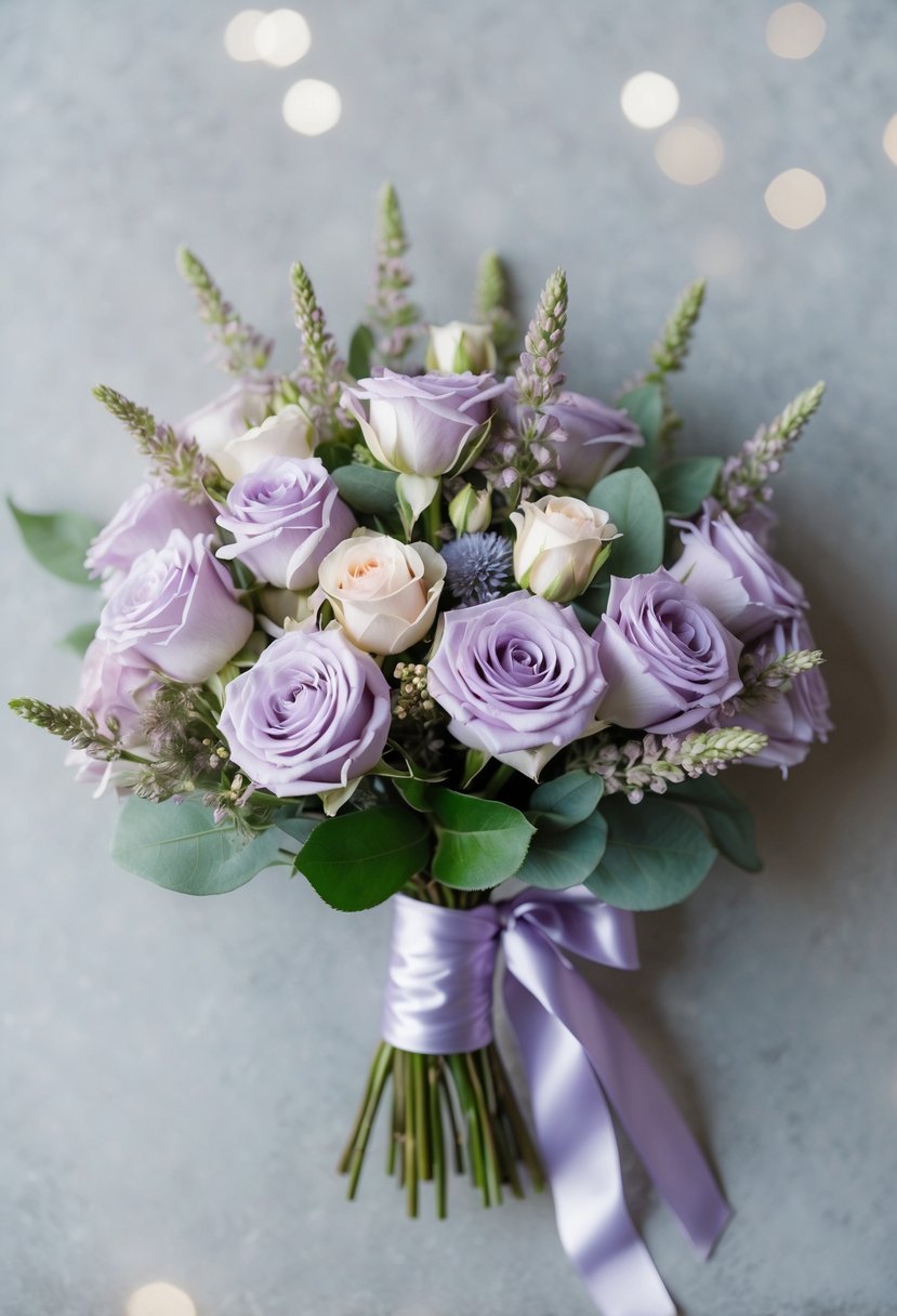 A delicate bouquet of soft lavender spray roses, accented with pastel greenery and tied with a satin ribbon