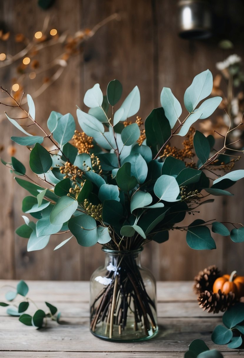 A bouquet of eucalyptus and maple leaves arranged in a rustic, autumn-themed setting