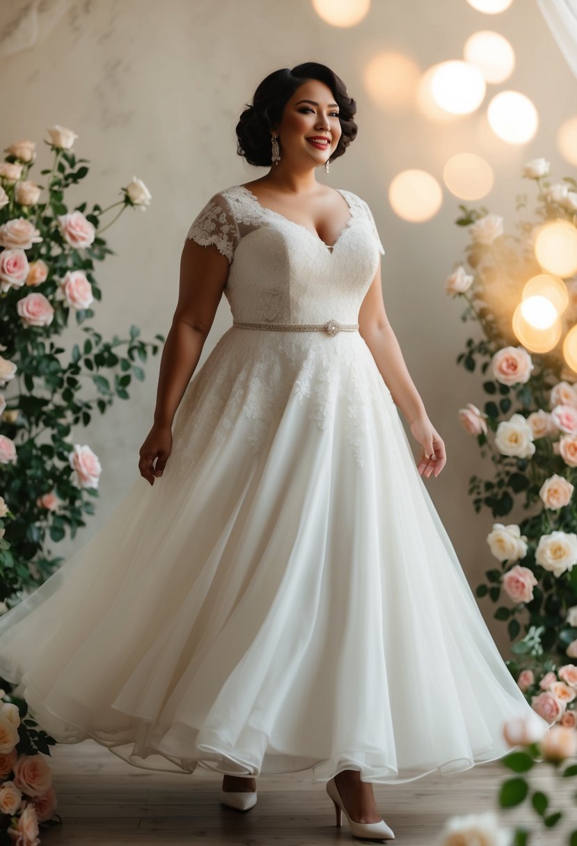 A curvy bride twirls in a vintage-inspired tea-length dress, surrounded by blooming roses and dainty lace details