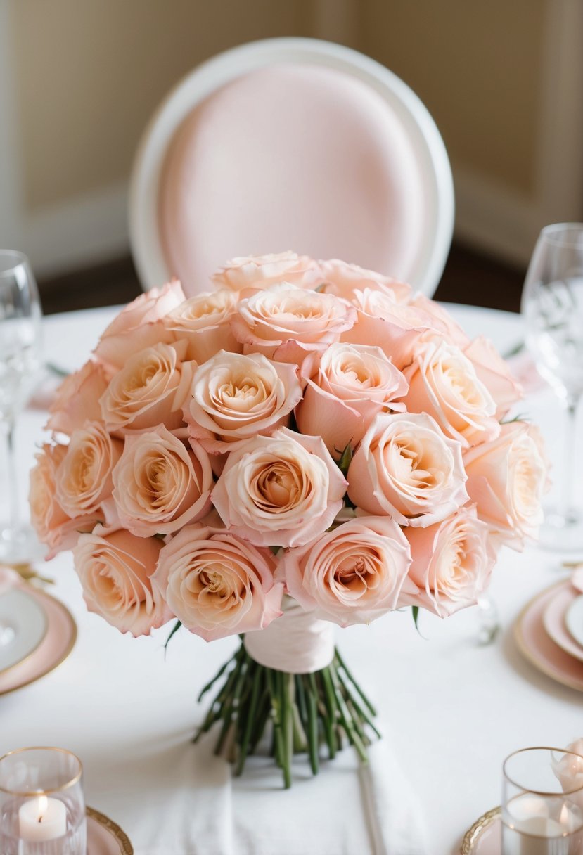 A bouquet of delicate peachy pink roses in a pastel color palette, arranged in a romantic and elegant wedding setting