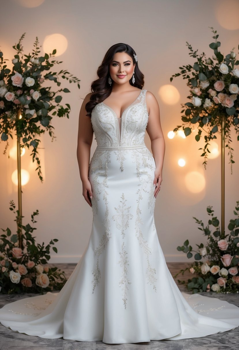 A curvy bride stands in a fitted sheath dress with intricate embroidery, surrounded by soft lighting and floral accents