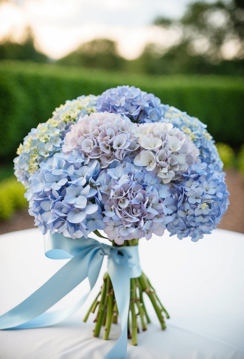 A delicate bouquet of pastel blue hydrangea clusters tied with a satin ribbon