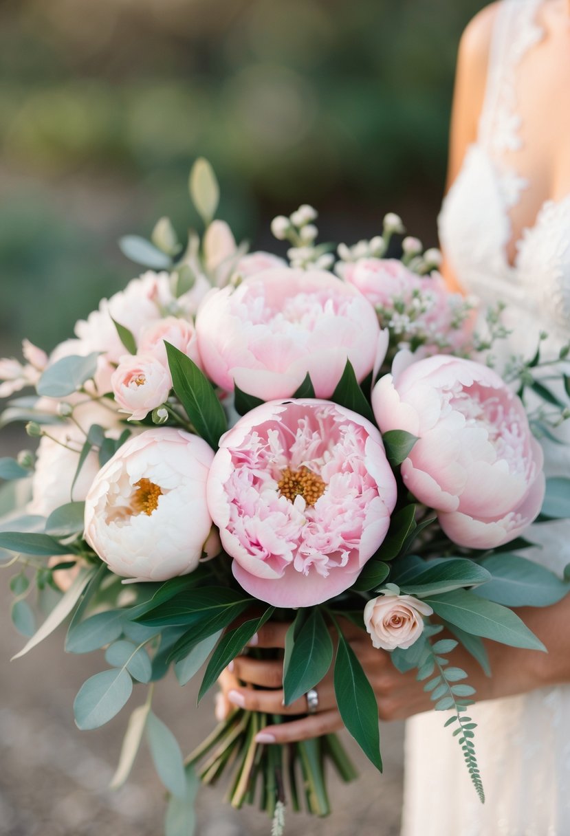 A delicate wedding bouquet featuring blush pink peonies and pastel greenery