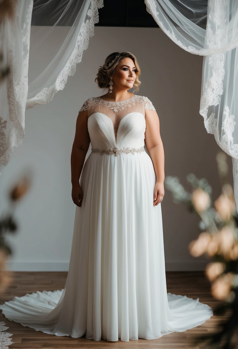 A curvy bride stands in a flowing wedding dress with an illusion neckline, surrounded by delicate lace and intricate beading