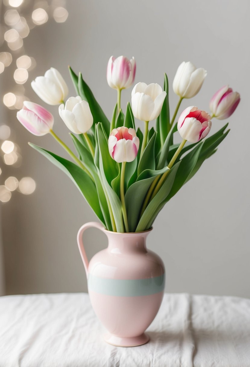 A delicate bouquet of ivory, pink, and white tulips arranged in a pastel-colored vase, set against a soft, neutral background