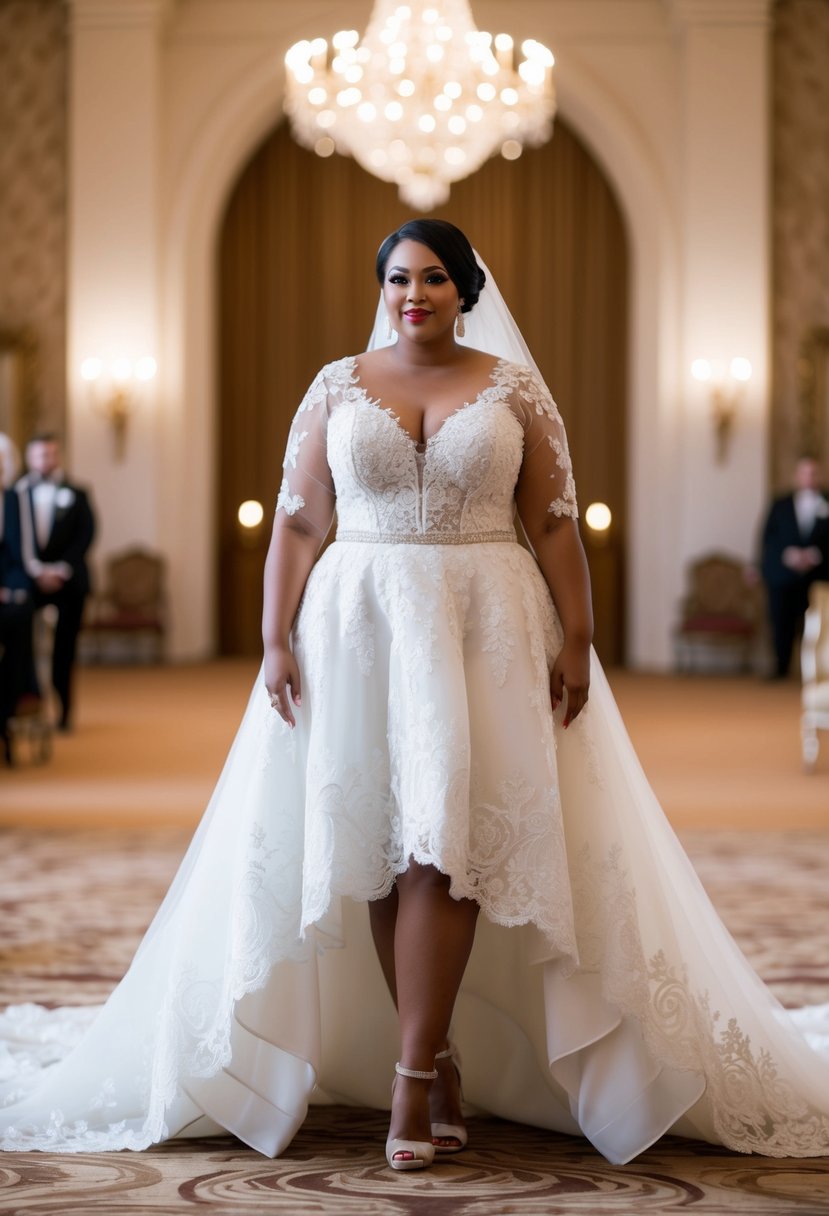 A curvy bride stands in a grand ballroom, wearing a high-low hem wedding dress with intricate lace and flowing train, exuding regal elegance