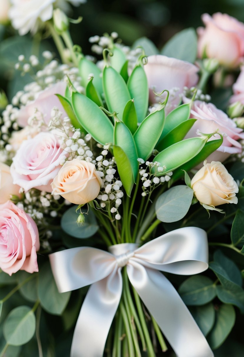 A delicate bouquet of mint green sweet peas surrounded by pastel roses and baby's breath, tied with a satin ribbon