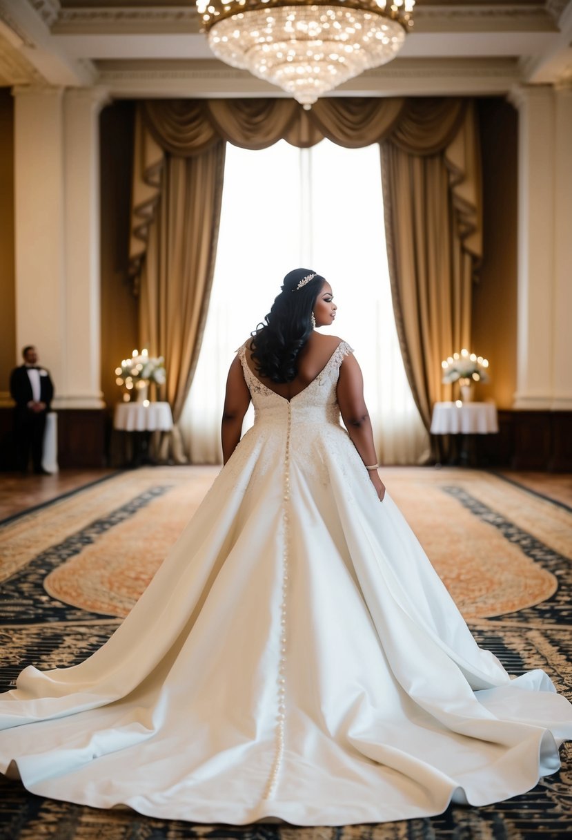 A curvy bride stands in a grand ballroom, wearing a gown with a dramatic train that cascades behind her, creating a sense of elegance and impact