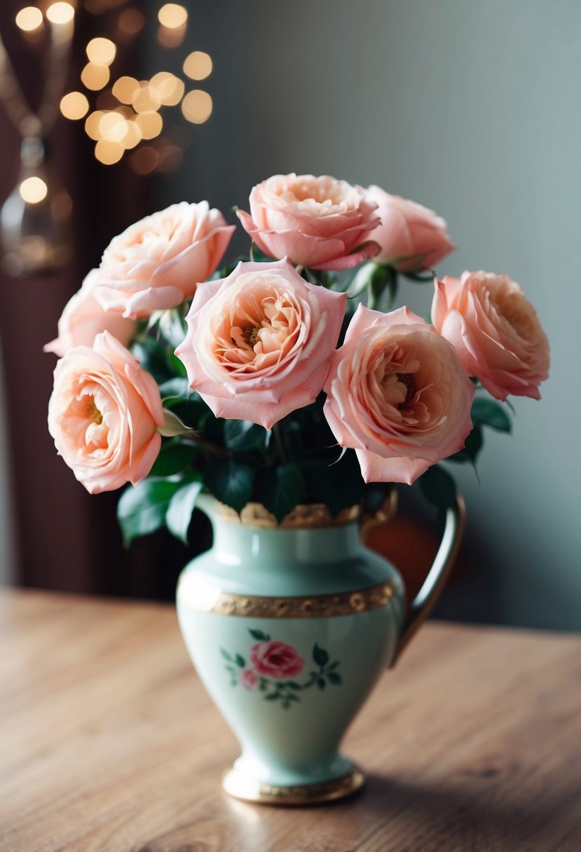 A delicate bouquet of coral pastel garden roses, arranged in a vintage-inspired vase