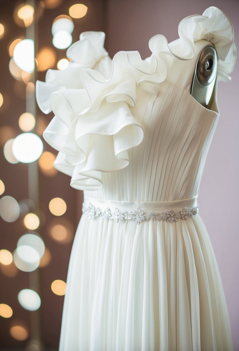 A wedding dress with a ruffled bodice and flowing, curved lines