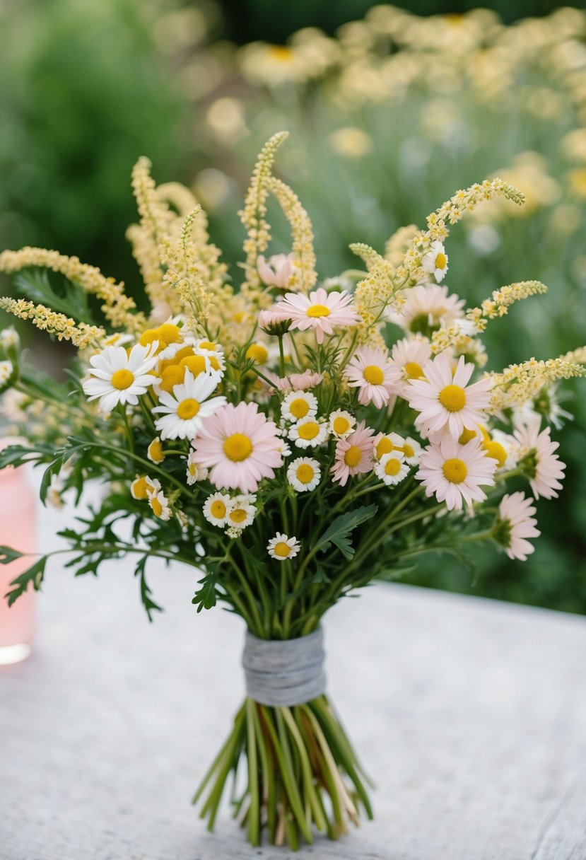 A delicate bouquet of feverfew and chamomile blooms in soft pastel colors, arranged in a loose and flowing style