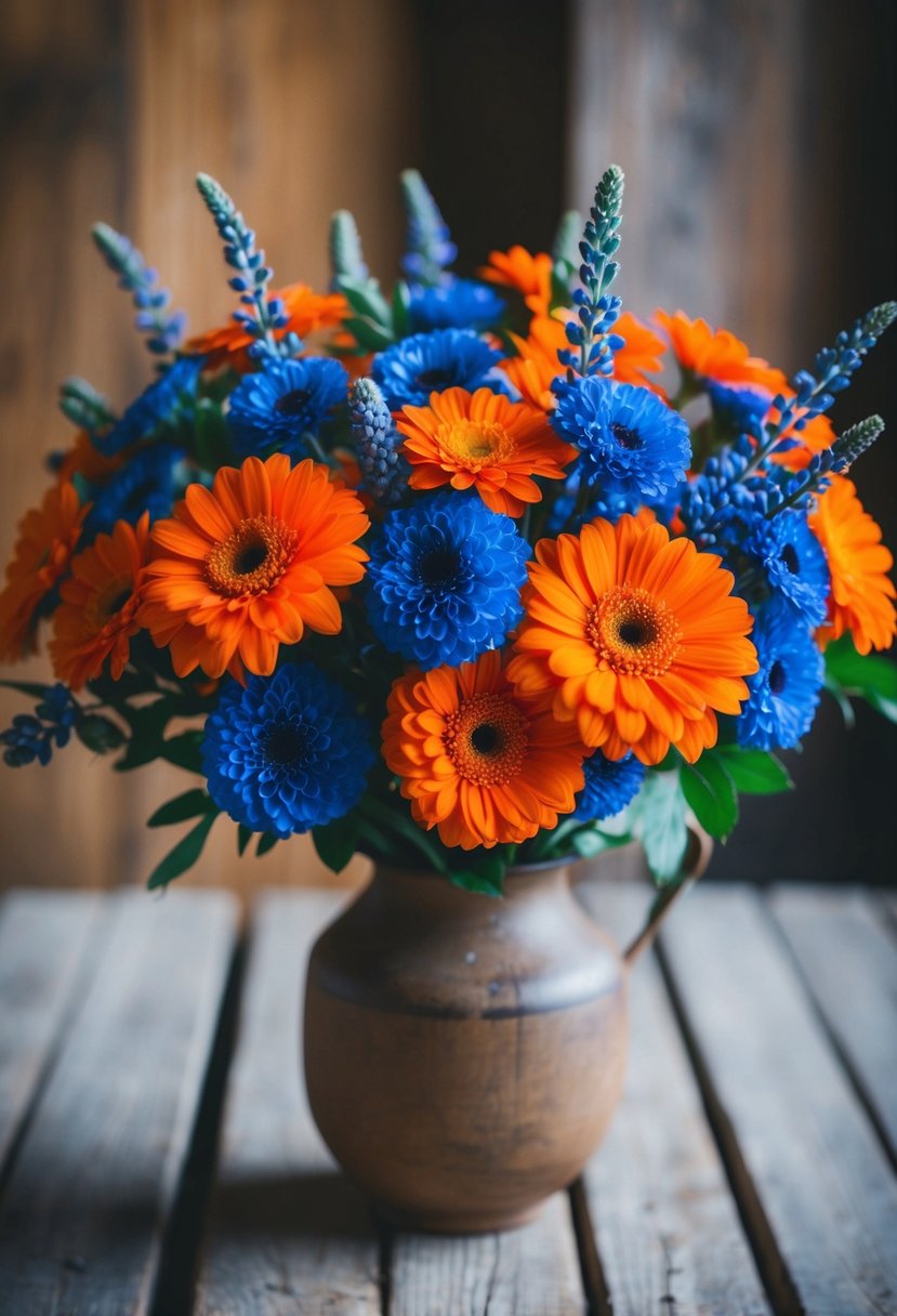 A vibrant bouquet of orange and blue flowers arranged in a rustic, wooden vase