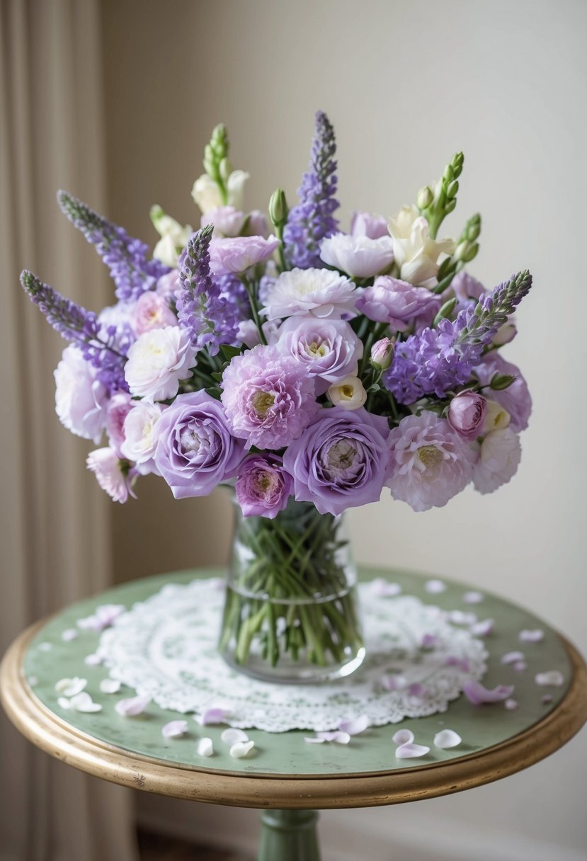 A delicate lavender lisianthus bouquet with pastel accents rests on a vintage table, surrounded by scattered petals and soft natural light