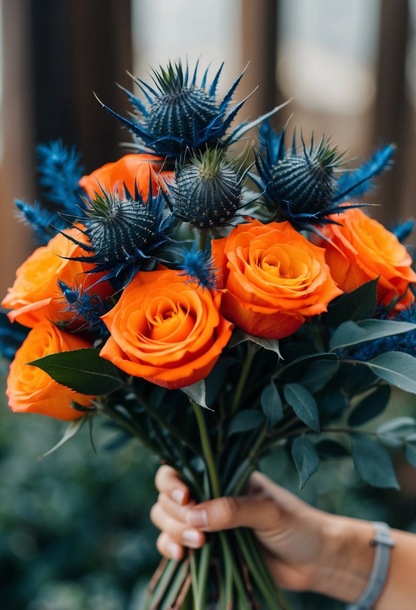 A rustic bouquet of navy thistle and orange roses, with hints of blue and orange intertwined