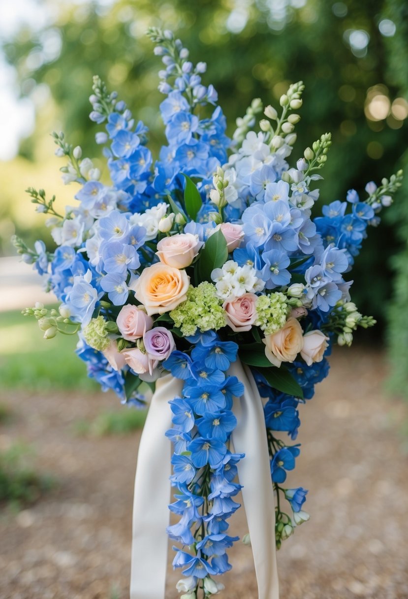 A delicate bouquet of periwinkle blue delphiniums and pastel blooms arranged in a cascading style, tied with a satin ribbon