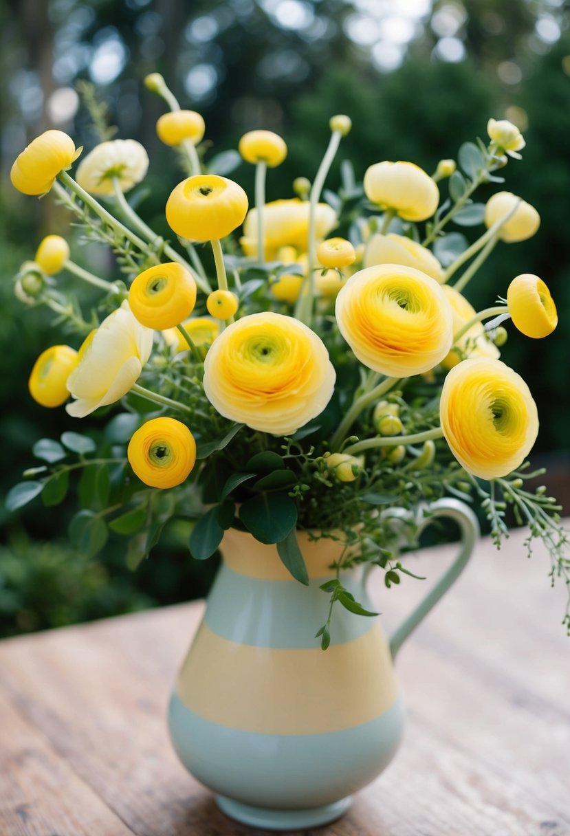 A vibrant bouquet of yellow ranunculus flowers, accented with delicate greenery, arranged in a pastel-colored vase