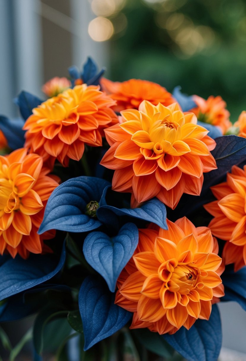 A bouquet of burnt orange dahlias with denim blue accents