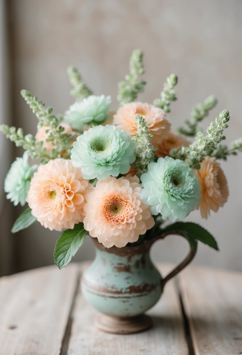 A delicate bouquet of mint and peach stock flowers in a pastel color palette, arranged in a rustic, vintage-inspired vase